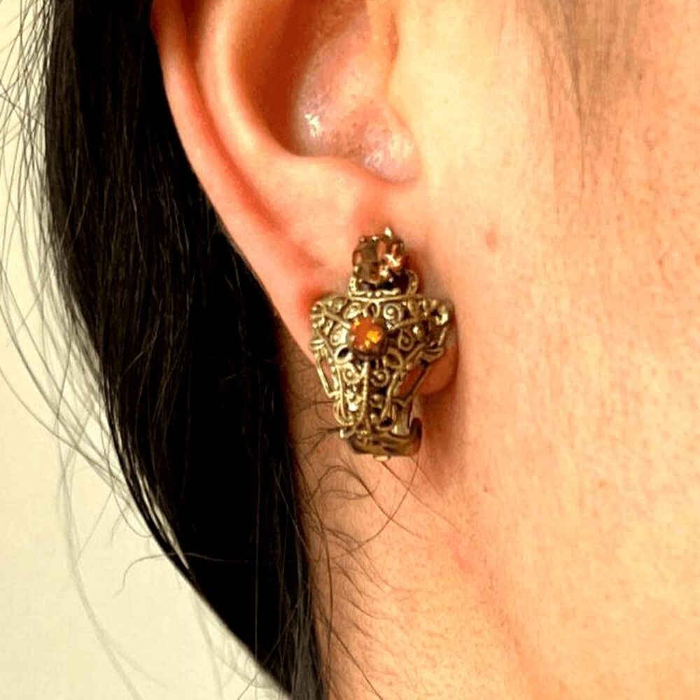 Vintage gold ornate clip on earrings filigree design amber stones‎ small gift